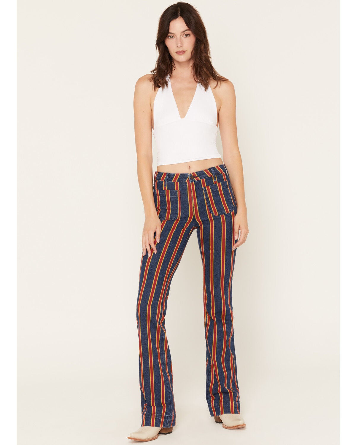 Wrangler Women's Off To The Races Mid Rise Stripe Rainbow Flare Stretch Denim Jeans, Multi, hi-res