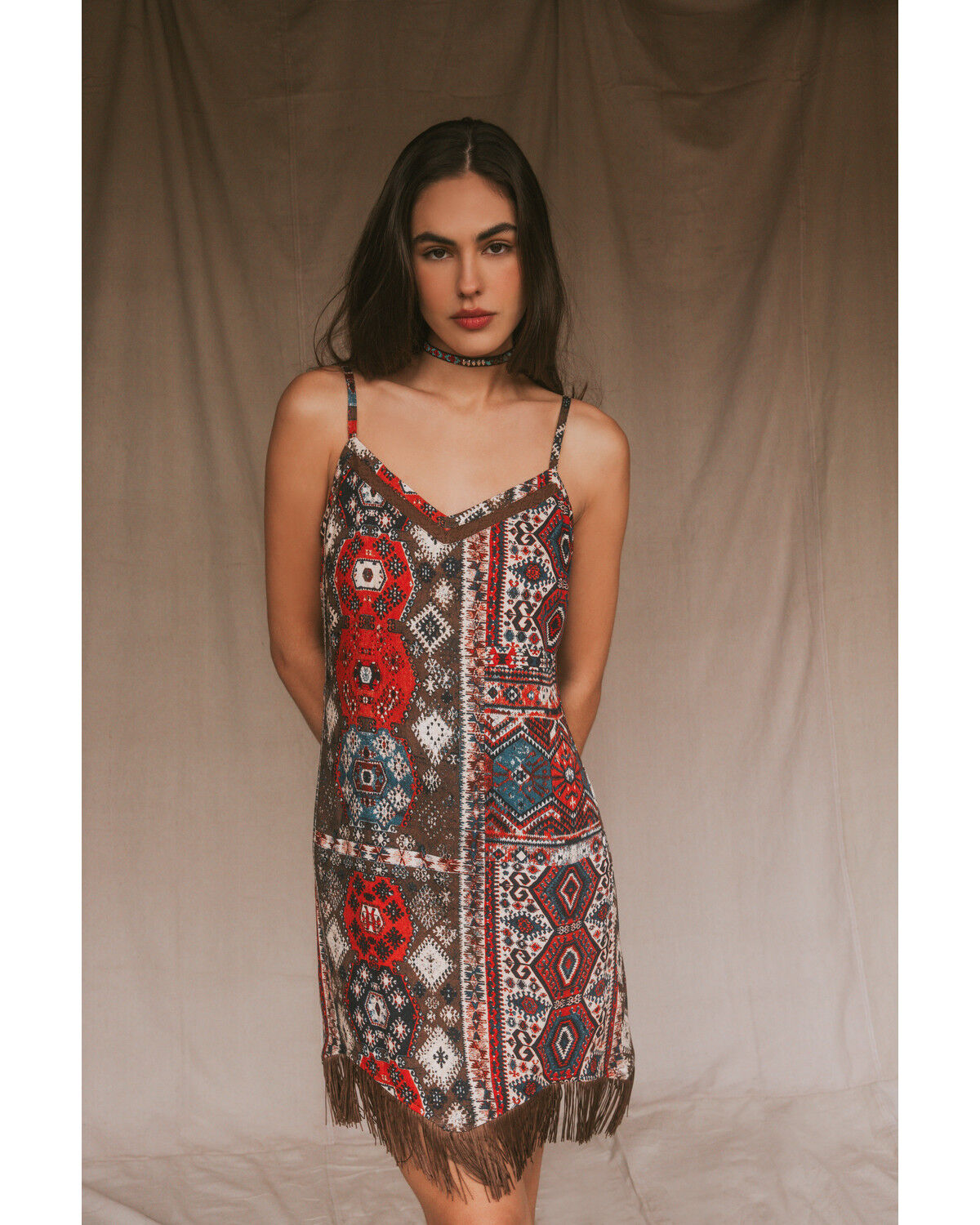 Image #1 - Idyllwind Women's Yearling Printed Fringe Mini Slip Dress, Dark Brown, hi-res