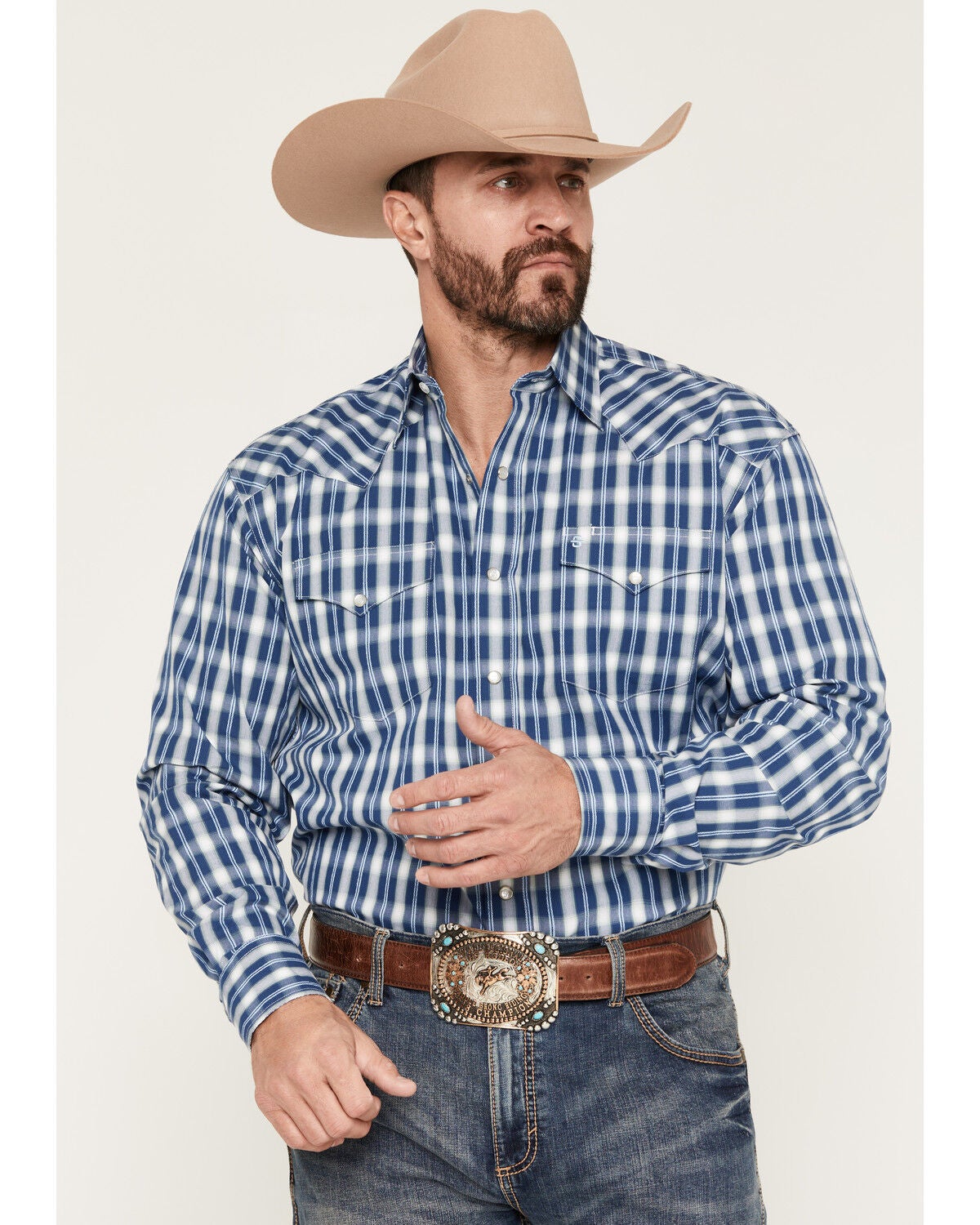 Stetson Men's Dobby Plaid Print Long Sleeve Snap Western Shirt, Blue, hi-res