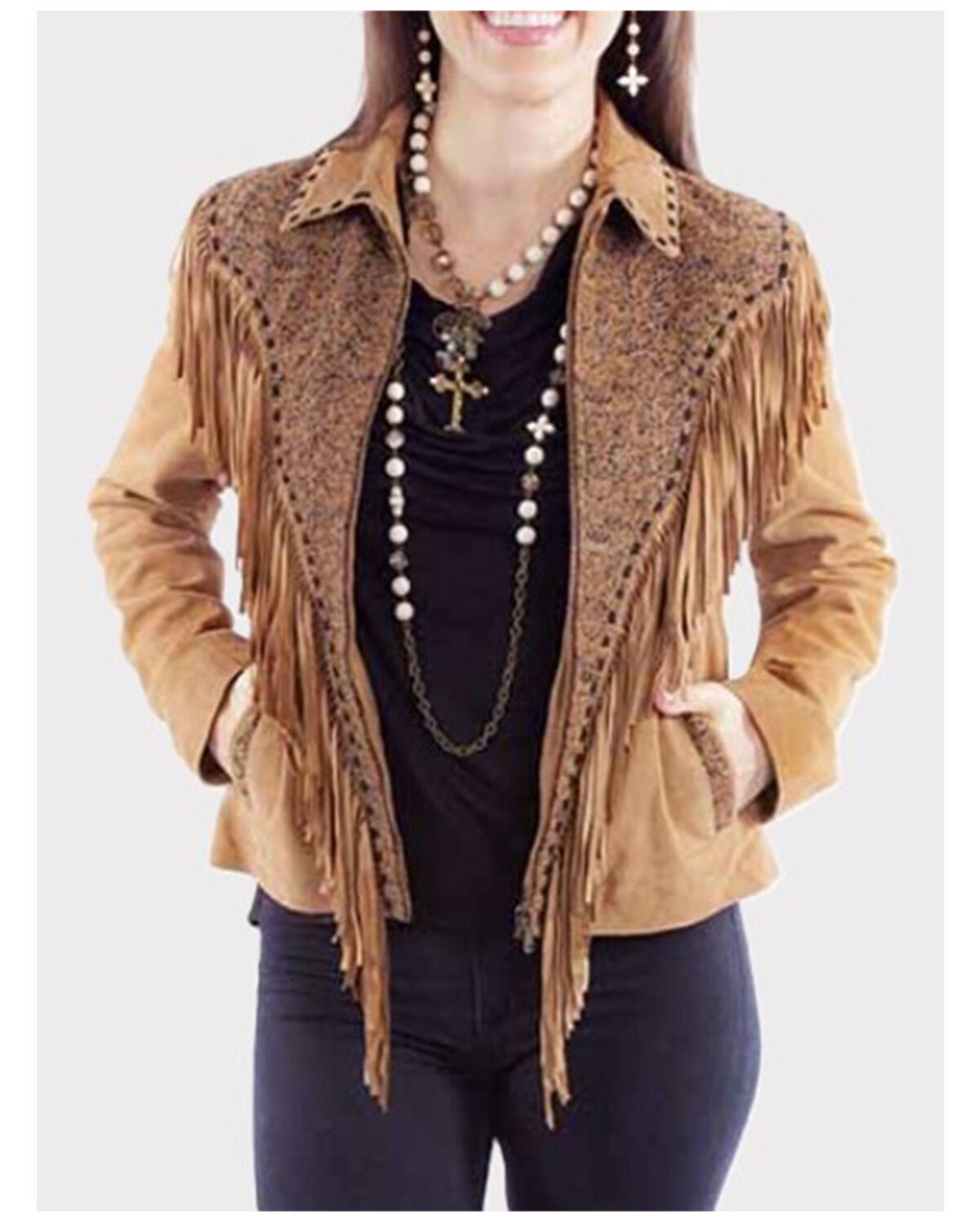 Image #1 - Scully Women's Fringe and Scroll Work Leather Jacket, Tan, hi-res