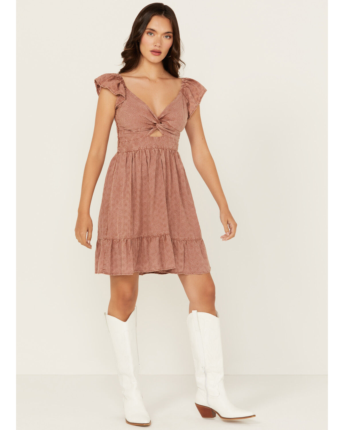 Image #1 - Angie Women's Eyelet Knot Front Mini Dress, Mauve, hi-res
