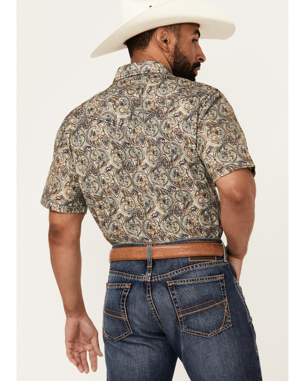 Image #4 - Cody James Men's Down The Road Paisley Print Short Sleeve Snap Western Shirt, Ivory, hi-res