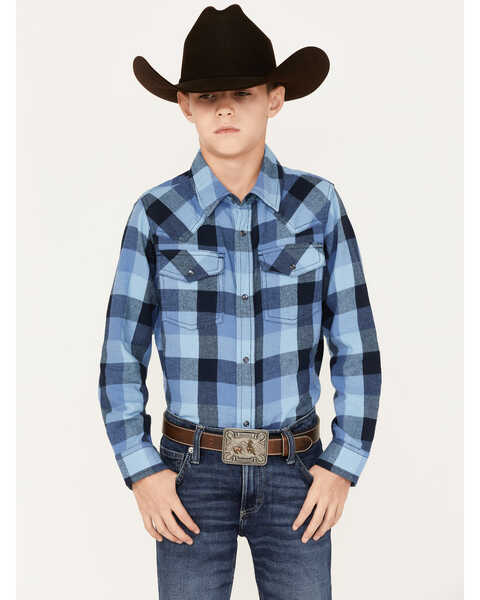 Cody James Boys' Plaid Print Long Sleeve Snap Western Flannel Shirt, Navy, hi-res