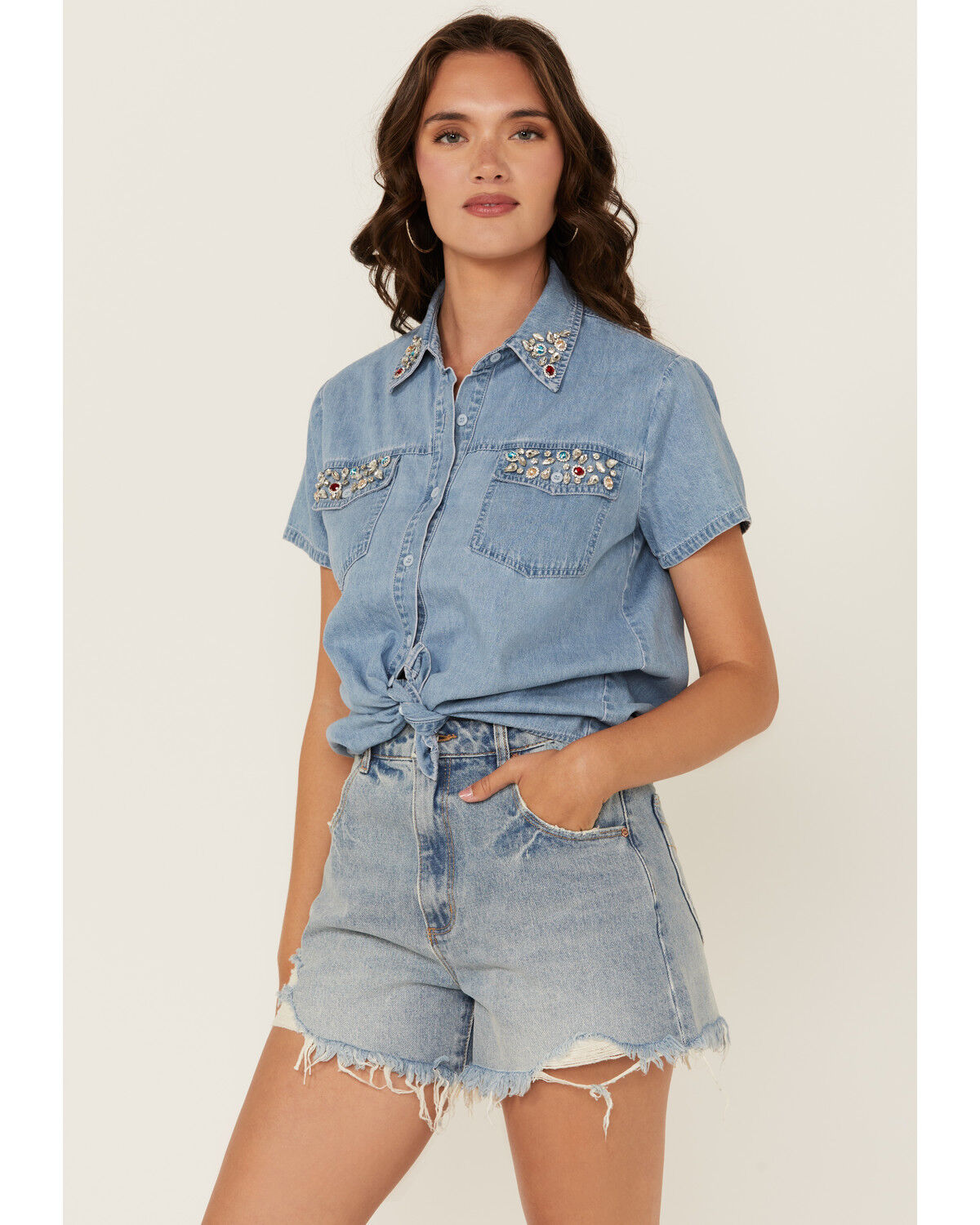 Blue B Women's Light Wash Rhinestone Short Sleeve Button Blue B Women's Light Wash Rhinestone Short Sleeve Button