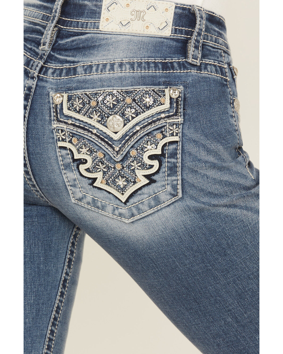 Image #2 - Miss Me Women's Dark Wash Mid Rise Bootcut Patchwork Flap Stretch Denim Jeans, Dark Wash, hi-res