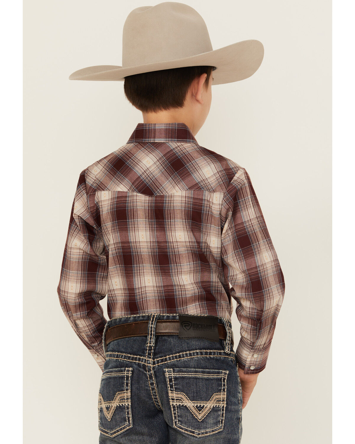 Image #4 - Ely Walker Boys' Plaid Print Long Sleeve Pearl Snap Western Shirt, Burgundy, hi-res