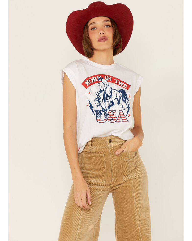 Rodeo Quincy Women's Born In The USA Graphic Short Sleeve Muscle Tee , White, hi-res