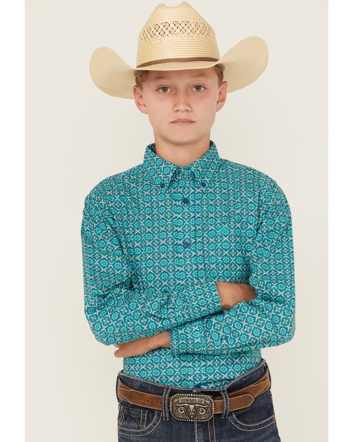 Image #1 - Ariat Boys' Geo Print Long Sleeve Button-Down Western Shirt, Navy, hi-res
