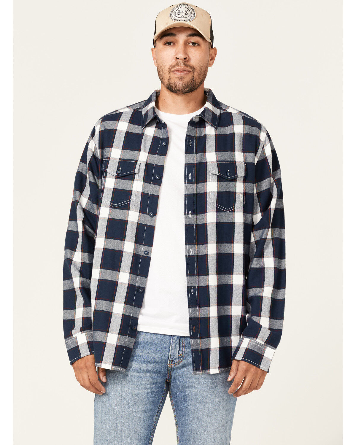 Image #1 - Brothers and Sons Men's Large Plaid Print Long Sleeve Button Down Western Shirt, Navy, hi-res