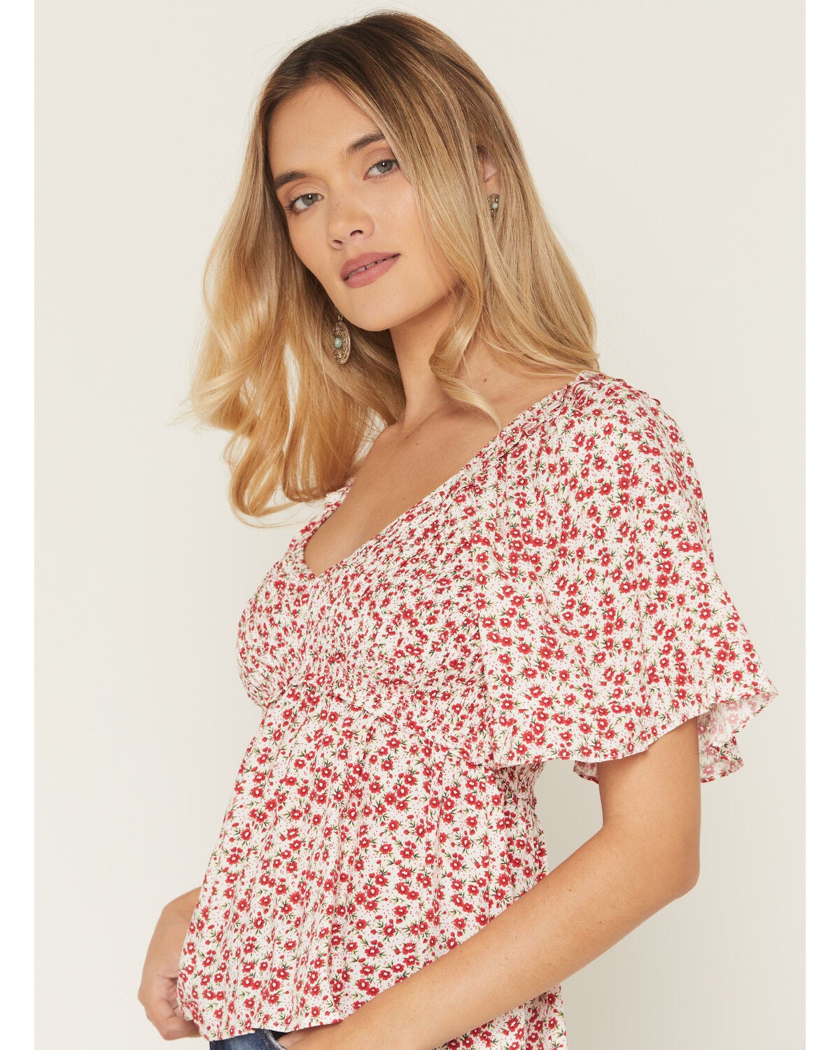Image #2 - Yura Women's Boot Barn Exclusive Ditsy Floral Smocked Short Sleeve Top, Red, hi-res