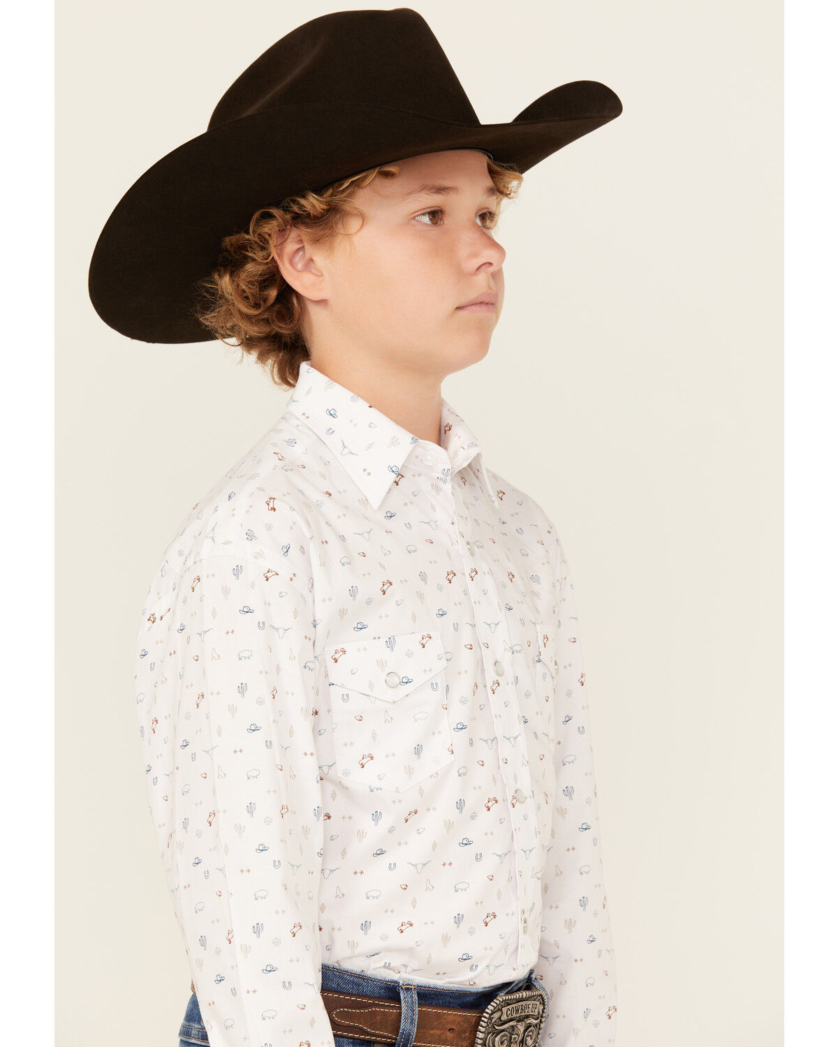 Image #2 - Panhandle Boys' Conversation Print Long Sleeve Snap Western Shirt, White, hi-res