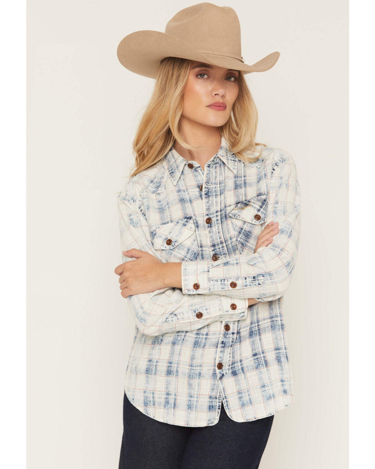 Kimes Ranch Women's Gwenn Distressed Plaid Print Long Sleeve Button-Down Western Shirt, Blue, hi-res