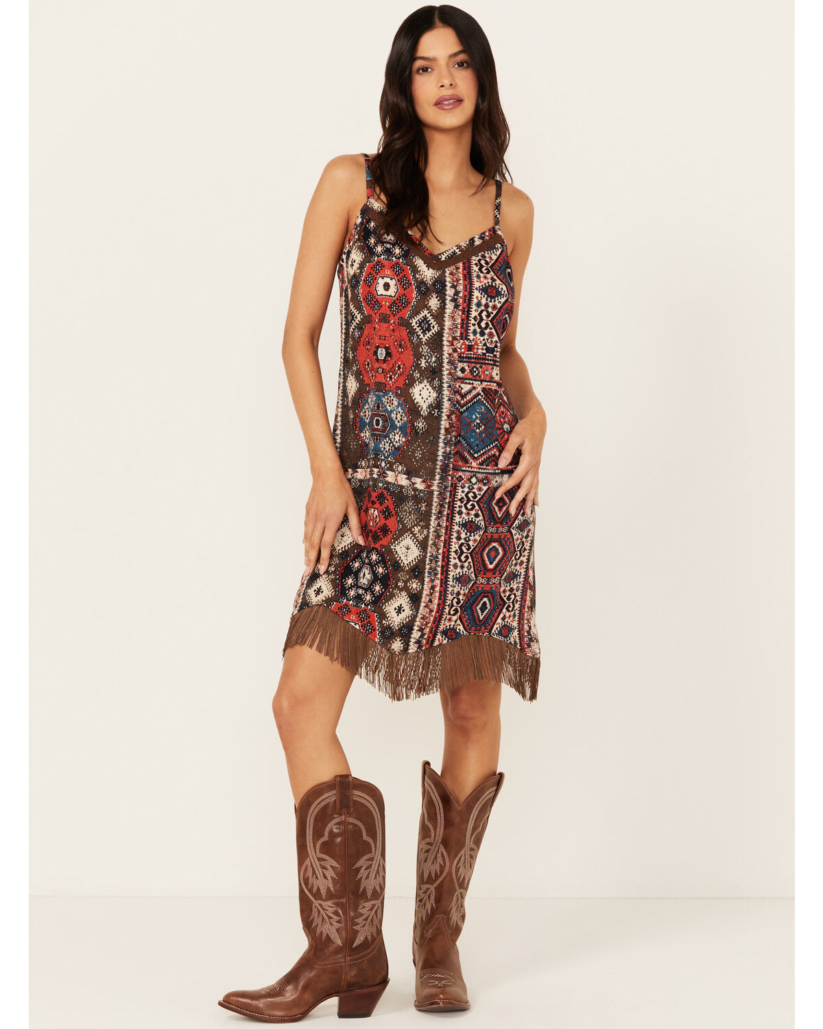 Image #2 - Idyllwind Women's Yearling Printed Fringe Mini Slip Dress, Dark Brown, hi-res