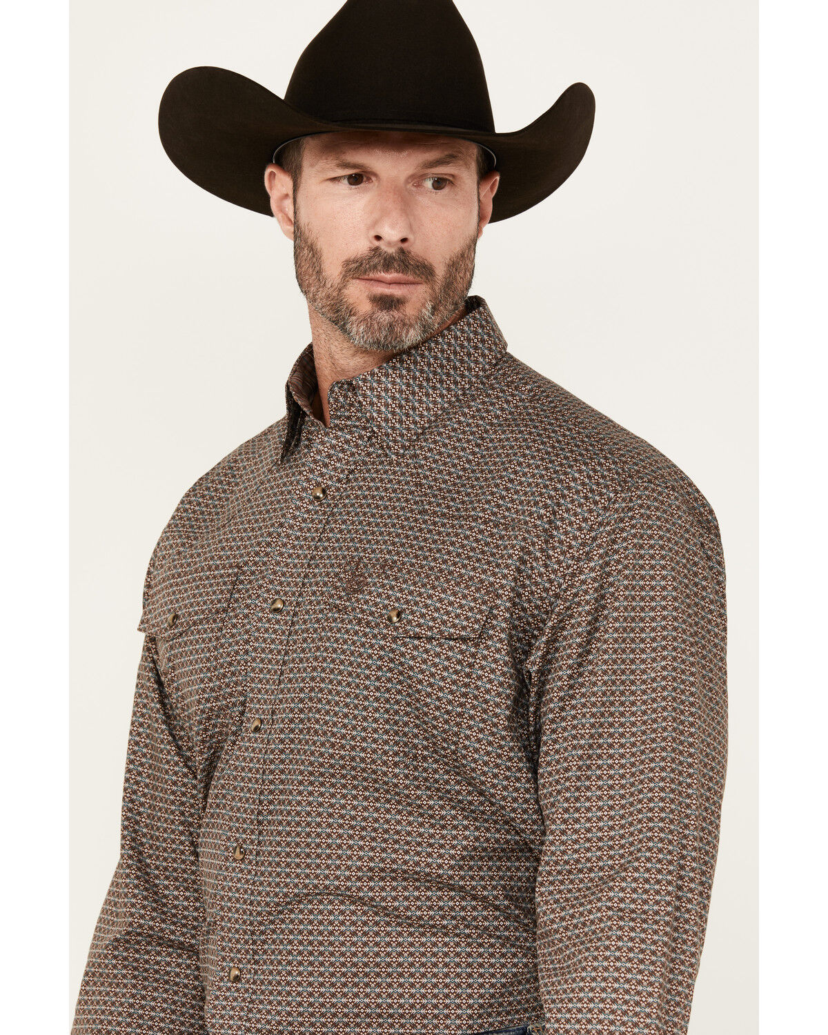 Image #2 - George Strait by Wrangler Men's Geo Print Long Sleeve Snap Stretch Western Shirt, Dark Brown, hi-res