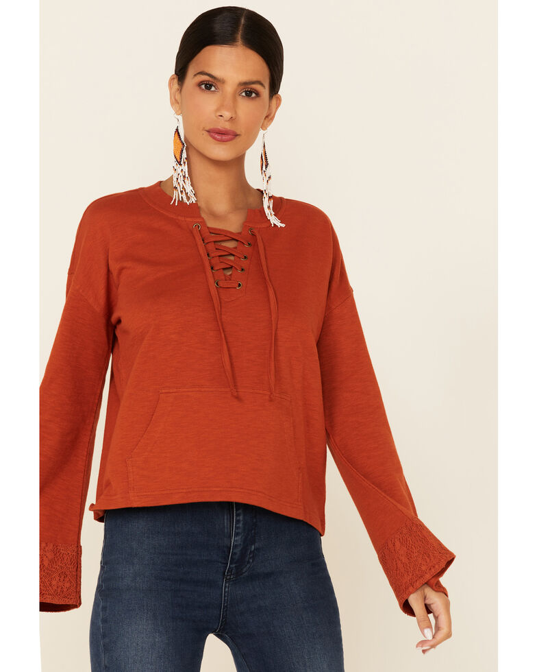 Shyanne Women's Solid Caramel Lace-Up Neck Pullover Sweatshirt , Camel, hi-res