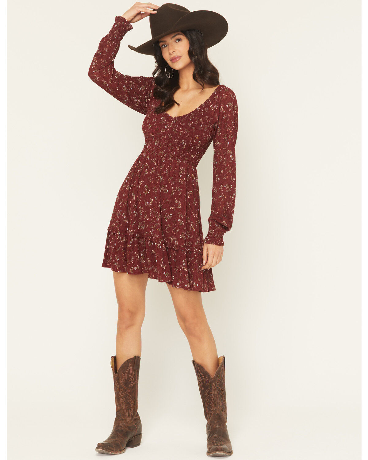 Image #1 - Idyllwind Women's Pippin Ditsy Floral Print Long Sleeve Mini Dress, Cherry, hi-res