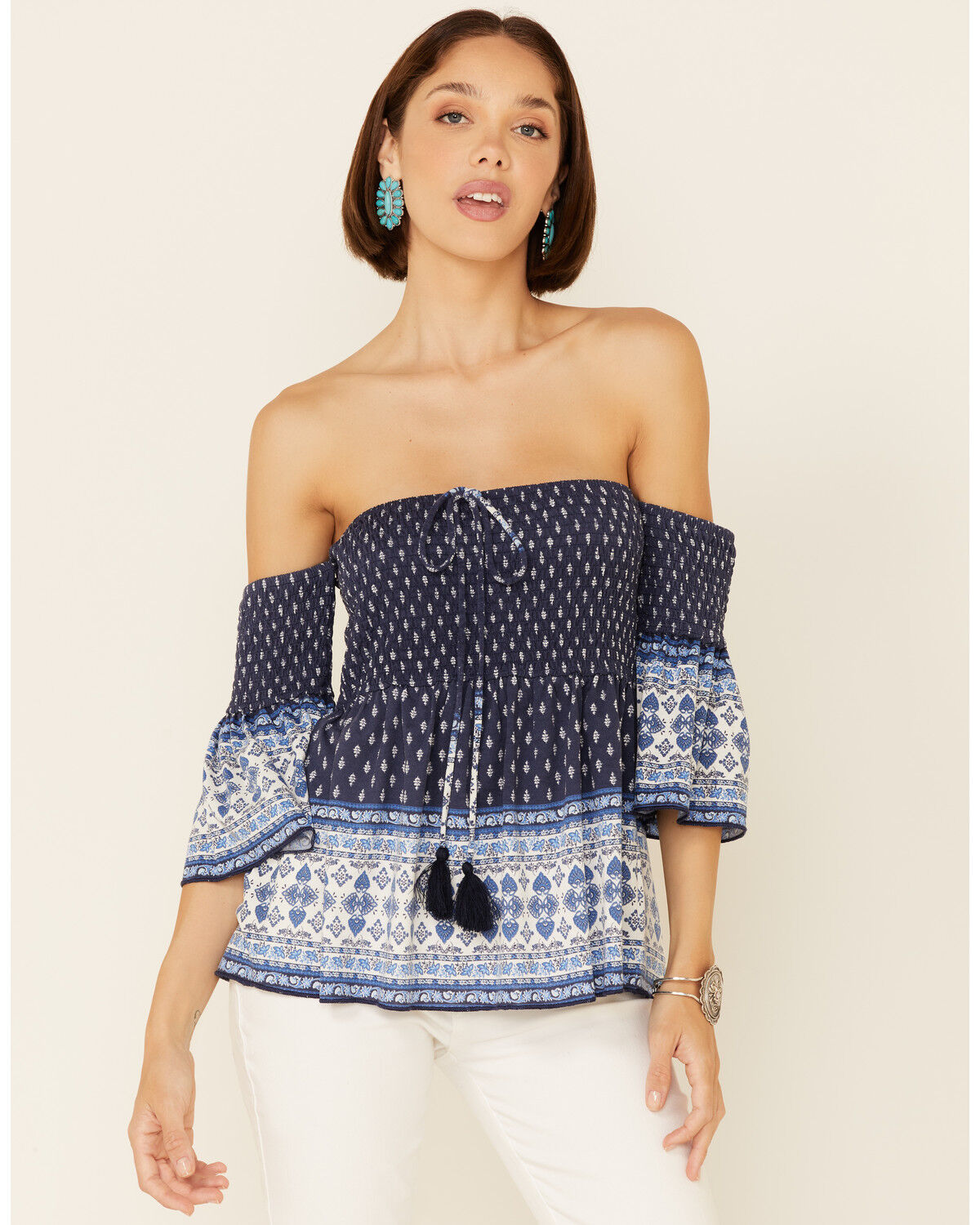 Image #1 - Temped Women's Border Print Smocked Off Shoulder Short Sleeve Top, Navy, hi-res