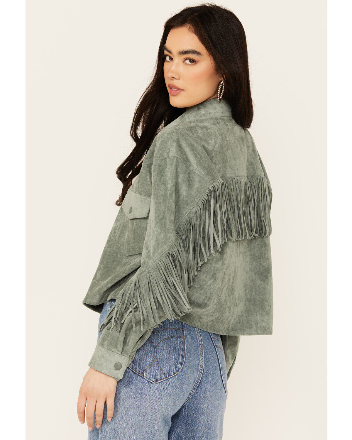 Image #4 - BLANKNYC Women's Faux Suede Fringe Jacket, Green, hi-res