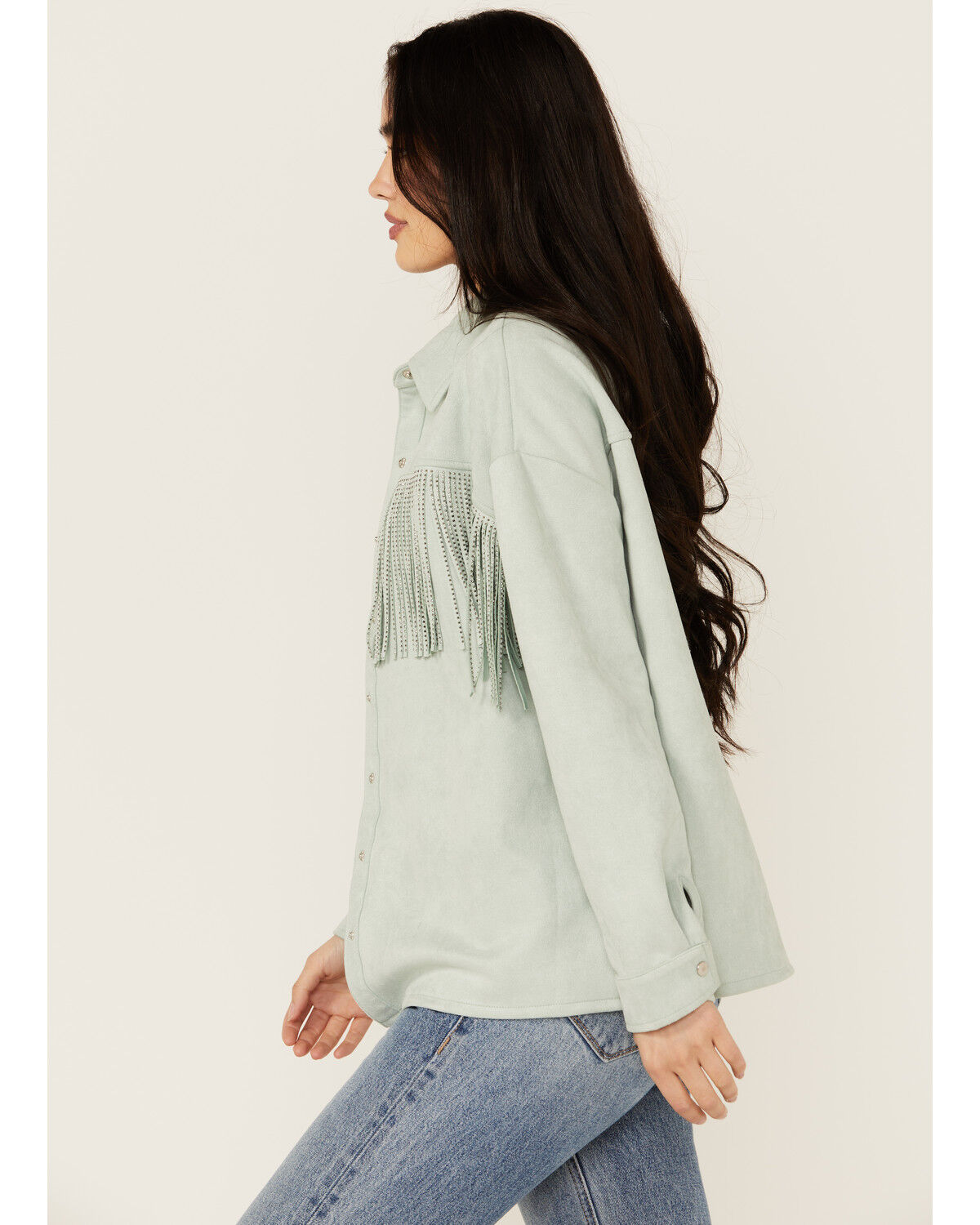 Image #2 - Rock & Roll Denim Women's Faux Suede Front Fringe Shacket, Mint, hi-res