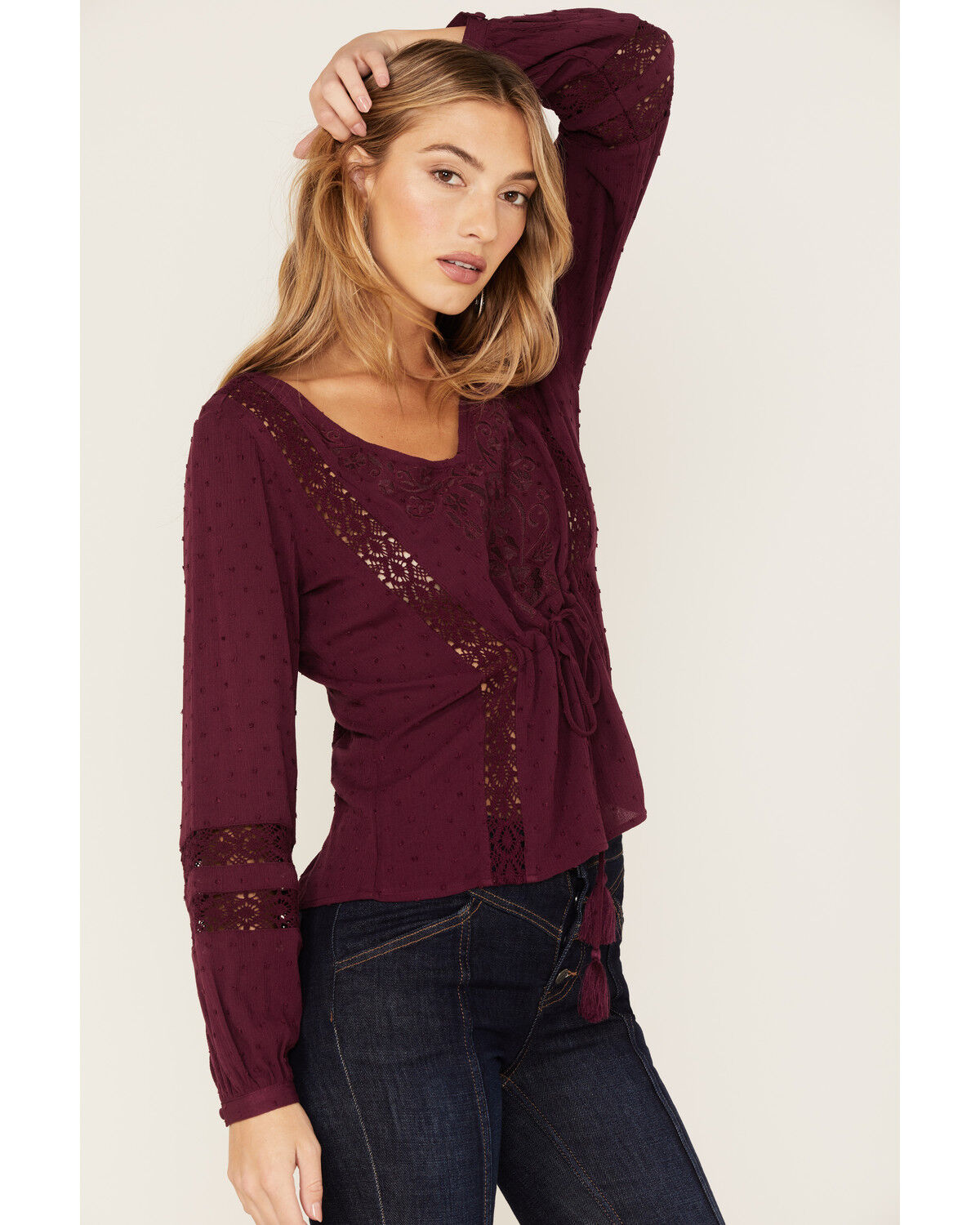 Image #2 - Idyllwind Women's Romance Floral Embroidered Swiss Dot Blouse, Purple, hi-res
