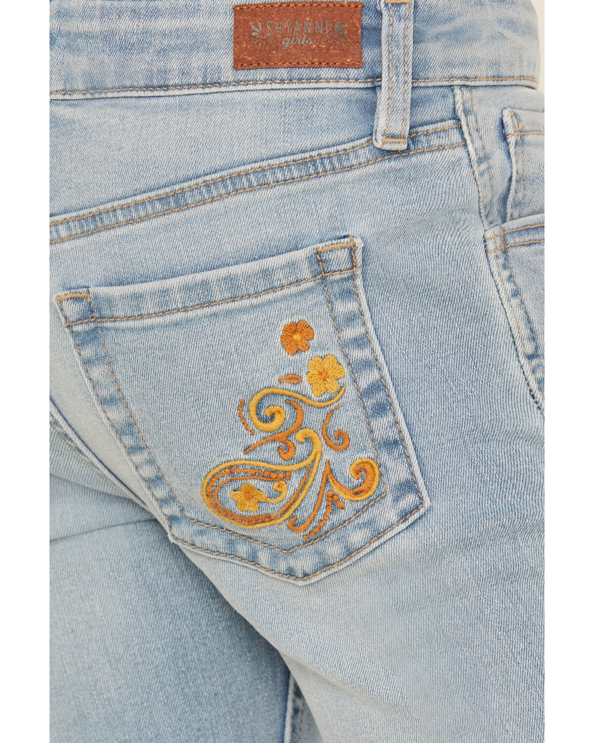 Image #2 - Shyanne Girls' Ophelia Floral Embroidered Light Wash Flare Stretch Denim Jeans, Medium Wash, hi-res