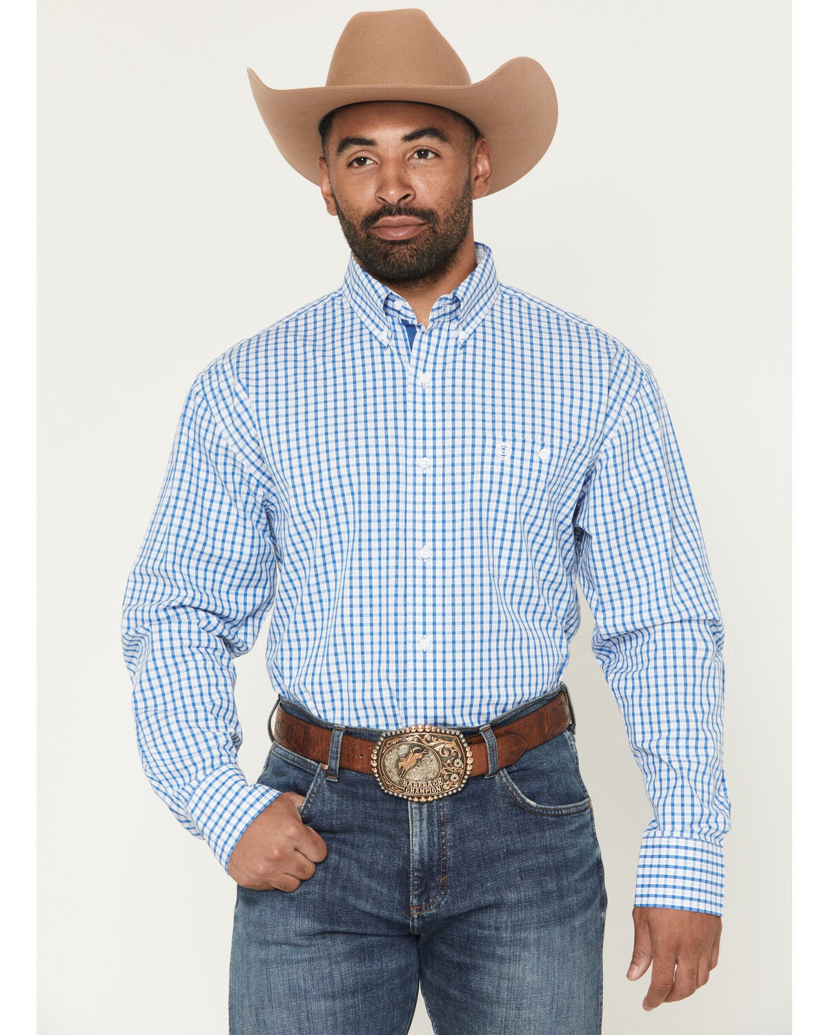George Strait by Wrangler Men's Plaid Print Long Sleeve Button-Down Stretch Western Shirt, Blue, hi-res