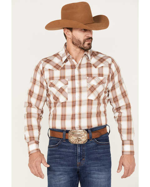 Image #1 - Ely Walker Men's Plaid Print Long Sleeve Pearl Snap Western Shirt , Brown, hi-res