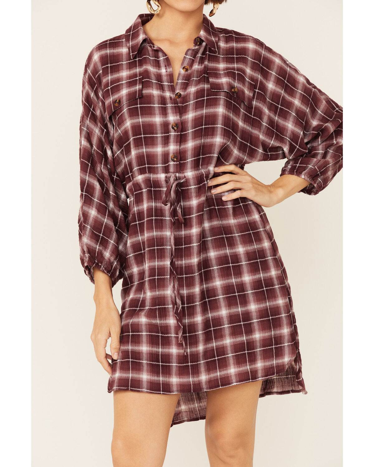 Image #2 - Wild Moss Women's Burgundy Long Sleeve Plaid Shirt Mini Dress, Burgundy, hi-res