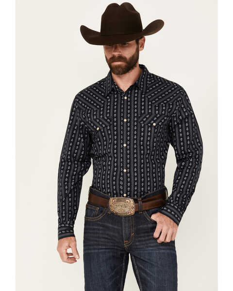 Gibson Trading Co Men's Shock Striped Print Long Sleeve Snap Western Shirt, Navy, hi-res