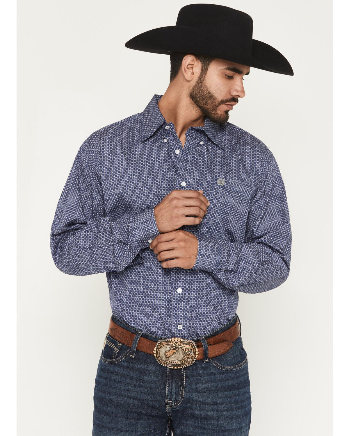 Image #1 - Cinch Men's Floral Geo Print Long Sleeve Button-Down Western Shirt, Royal Blue, hi-res
