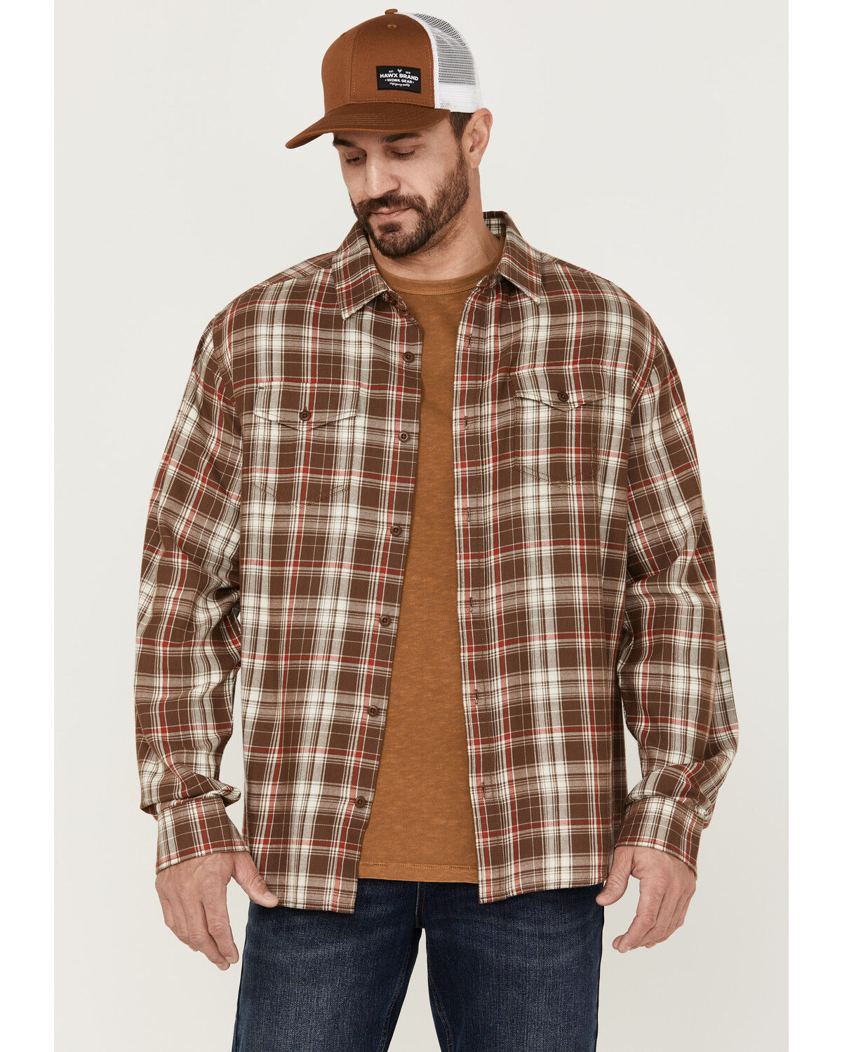 Image #1 - Brothers and Sons Men's Plaid Long Sleeve Button-Down Western Shirt, Brown, hi-res