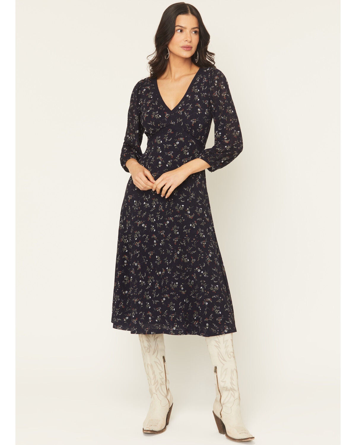 Idyllwind Women's Partner DItsy Floral Print Long Sleeve Midi Dress, Indigo, hi-res