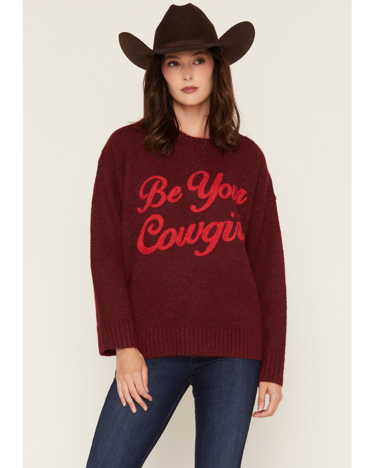 Baevely Women's Be Cowgirl Sweater, Burgundy, hi-res