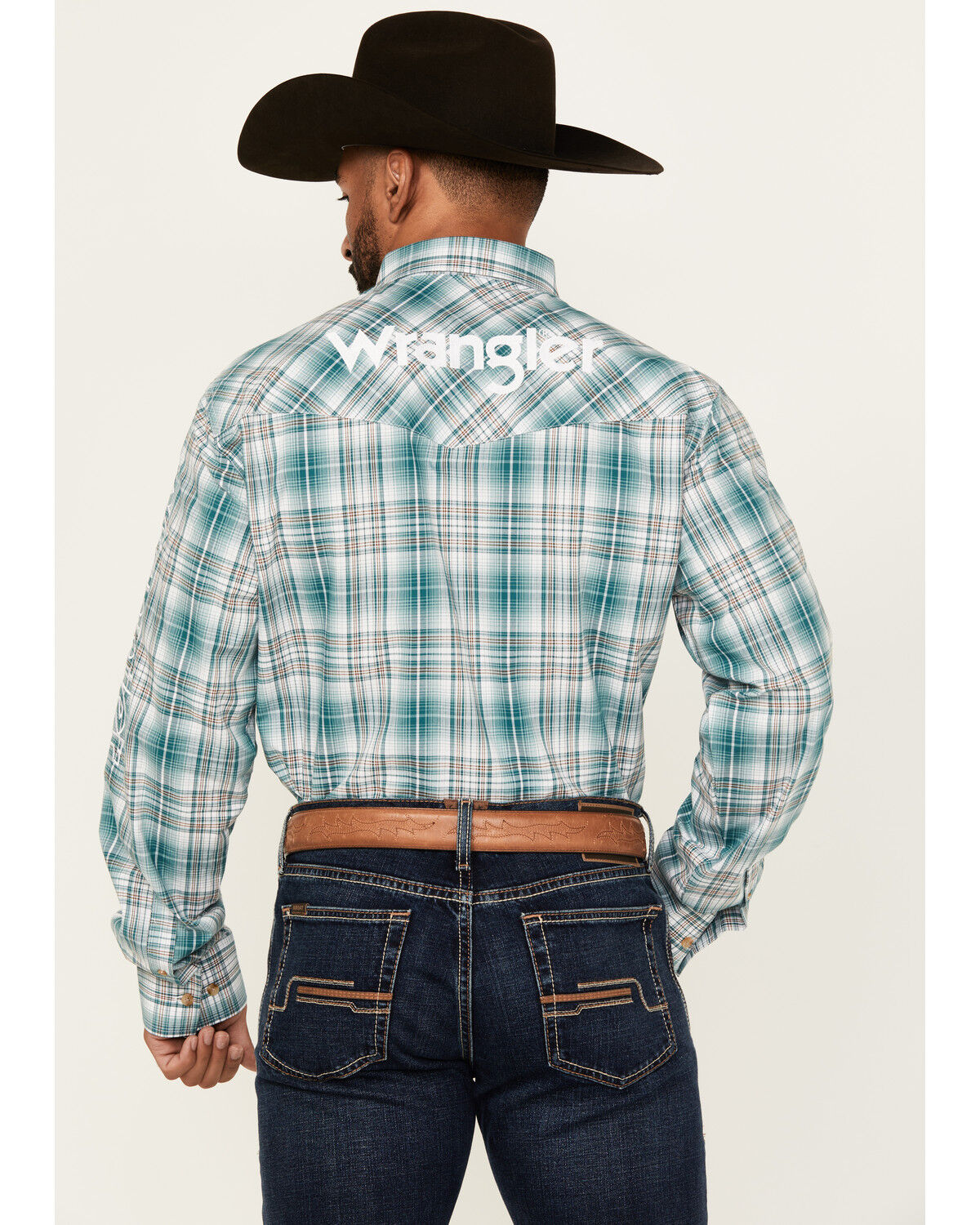 Image #4 - Wrangler Men's Plaid Print Logo Long Sleeve Button-Down Western Shirt, Green, hi-res