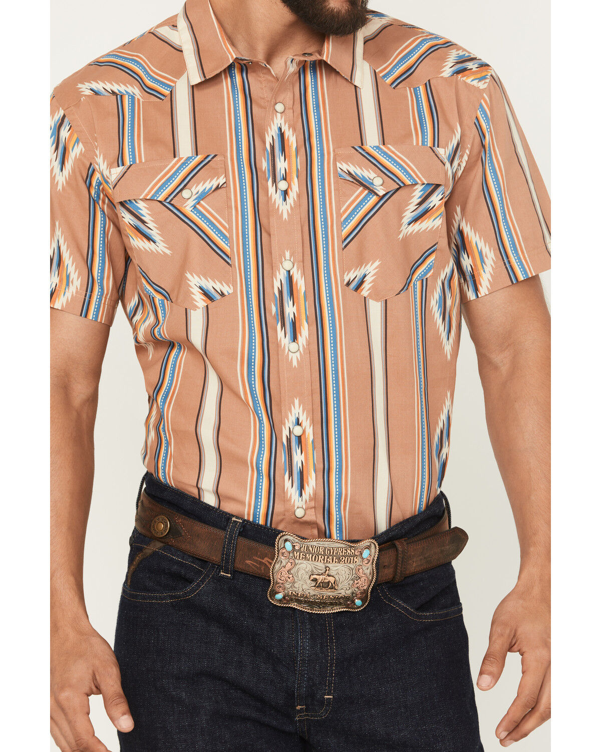 Image #3 - Panhandle Slim Men's Southwestern Striped Print Short Sleeve Snap Western Shirt, Tan, hi-res