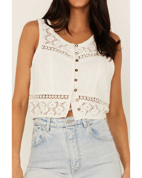 Image #4 - Cleo + Wolf Women's Crochet Floral Cropped Tank Top, Ivory, hi-res
