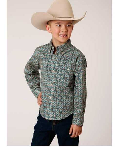 Roper Boys' Geo Print Long Sleeve Button Down Western Shirt, Teal, hi-res