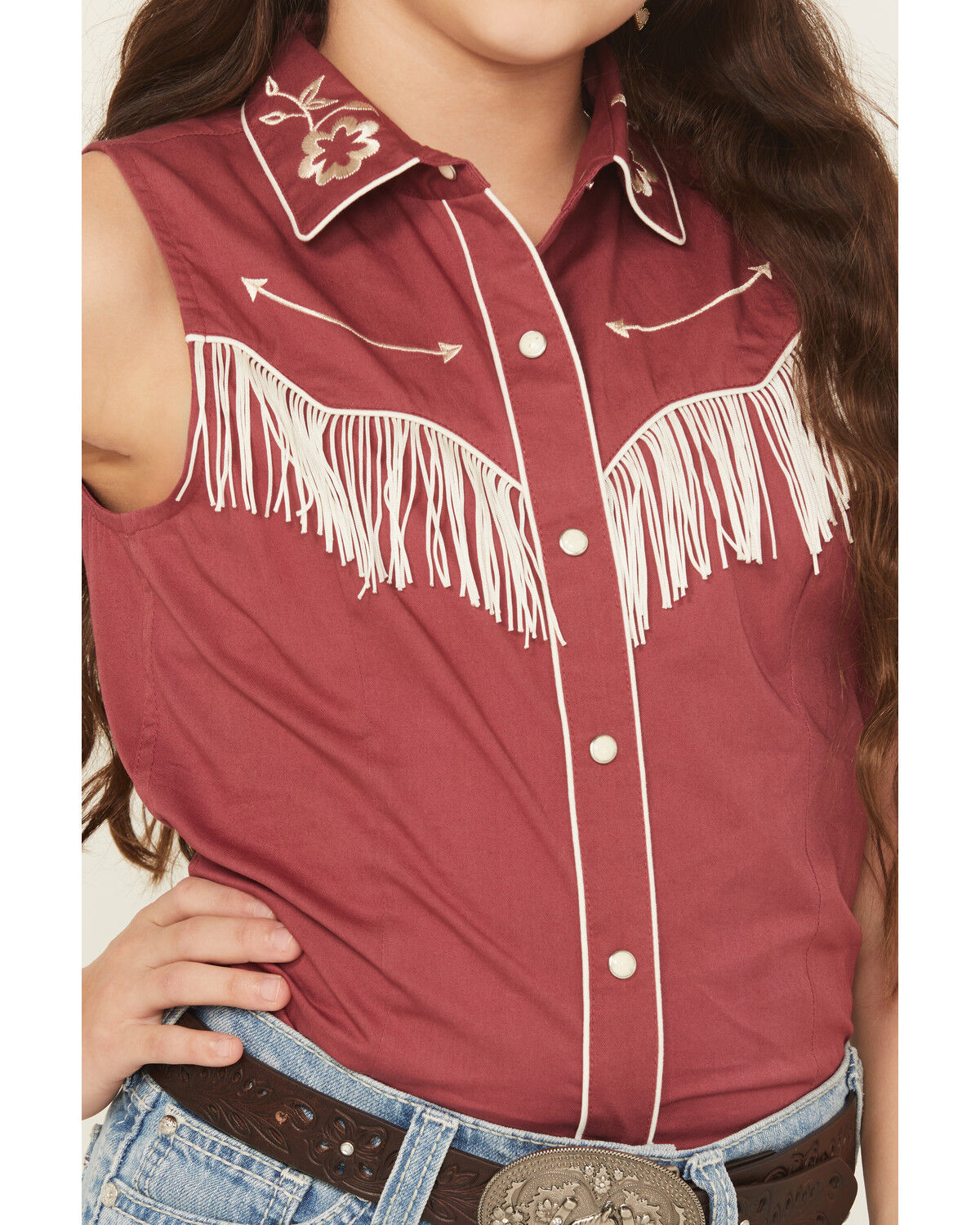 Image #3 - Rock & Roll Denim Girls' Embroidered Retro Sleeveless Snap Western Shirt, Wine, hi-res