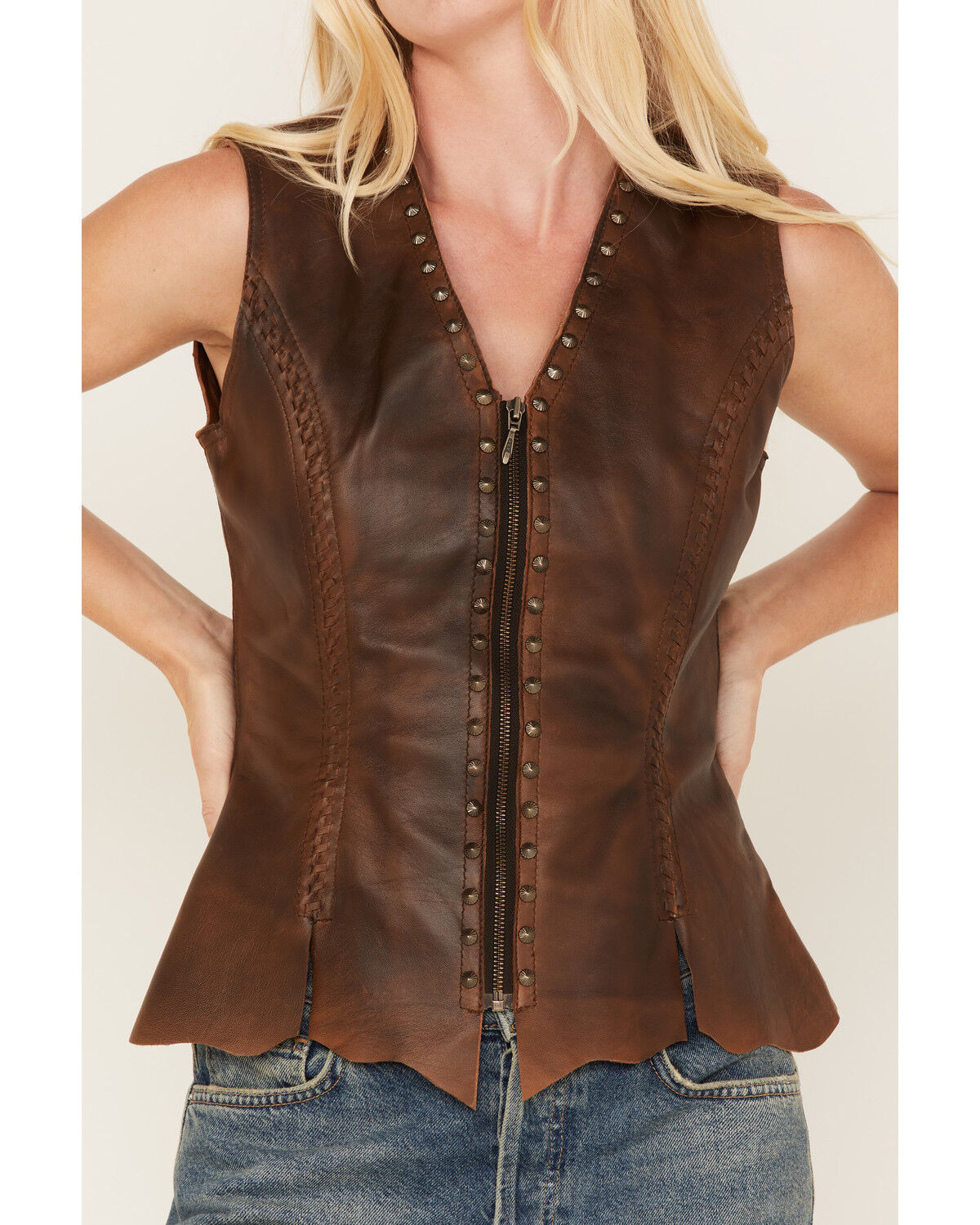 Image #3 - Cripple Creek Women's Antique Finish Stud Vest, Brown, hi-res