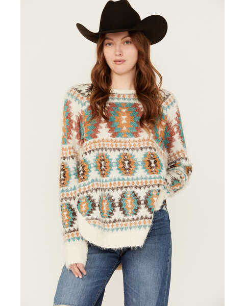 Cotton & Rye Women's Southwestern Print Eyelash Round Bottom Sweater , Multi, hi-res
