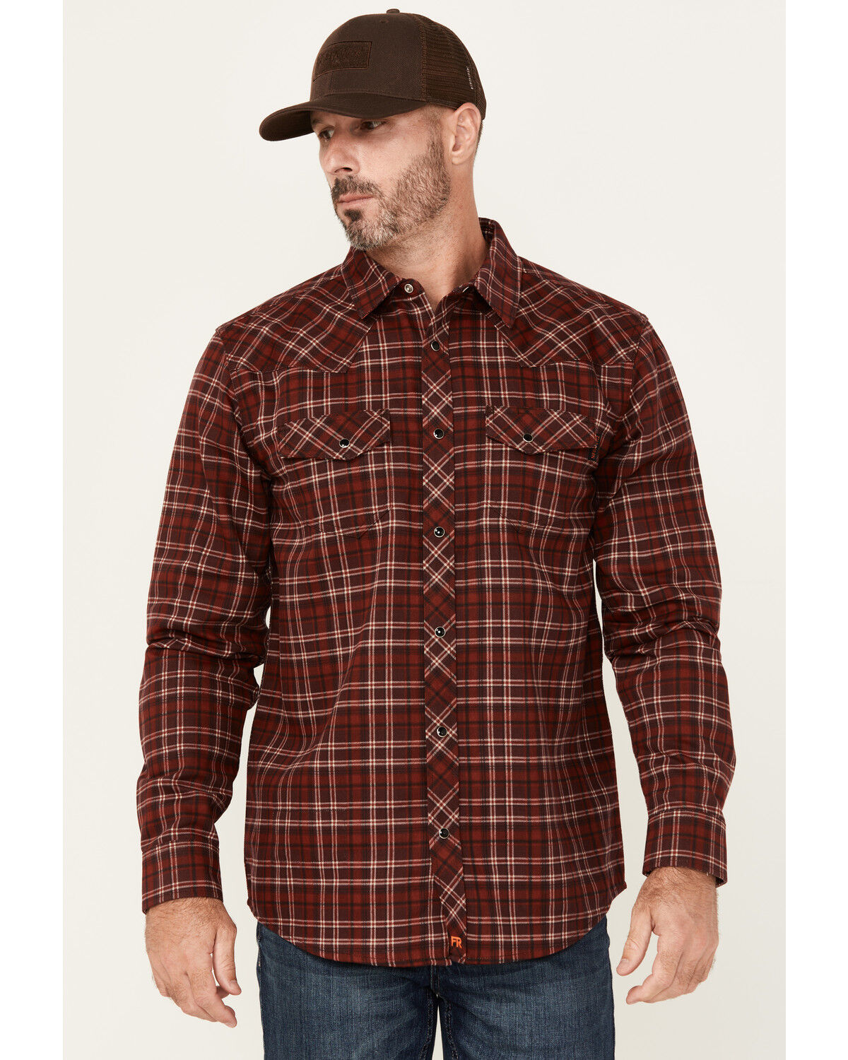 Image #1 - Carhartt Men's FR Plaid Print Long Sleeve Snap Western Work Shirt, Burgundy, hi-res