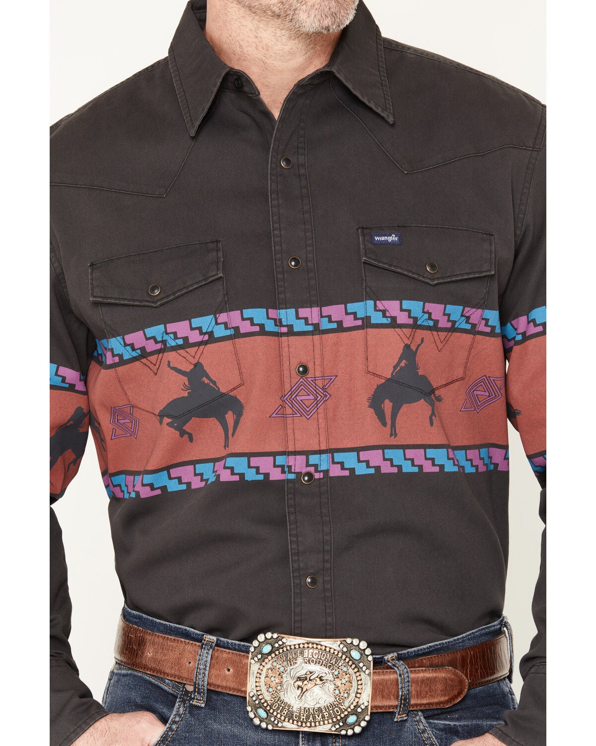 Image #3 - Wrangler Men's Horse Border Long Sleeve Snap Western Shirt, Black, hi-res