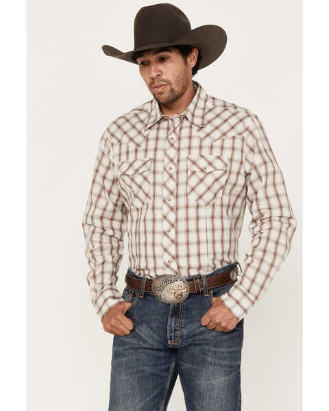 Image #1 - Wrangler Men's Fashion Dobby Plaid Print Long Sleeve Snap Western Shirt, Brown, hi-res