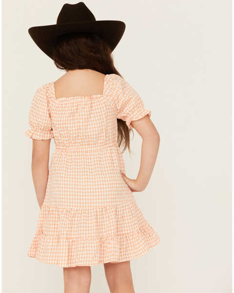 Image #4 - Hayden LA Girls' Gingham Print Puff Sleeve Dress, Peach, hi-res
