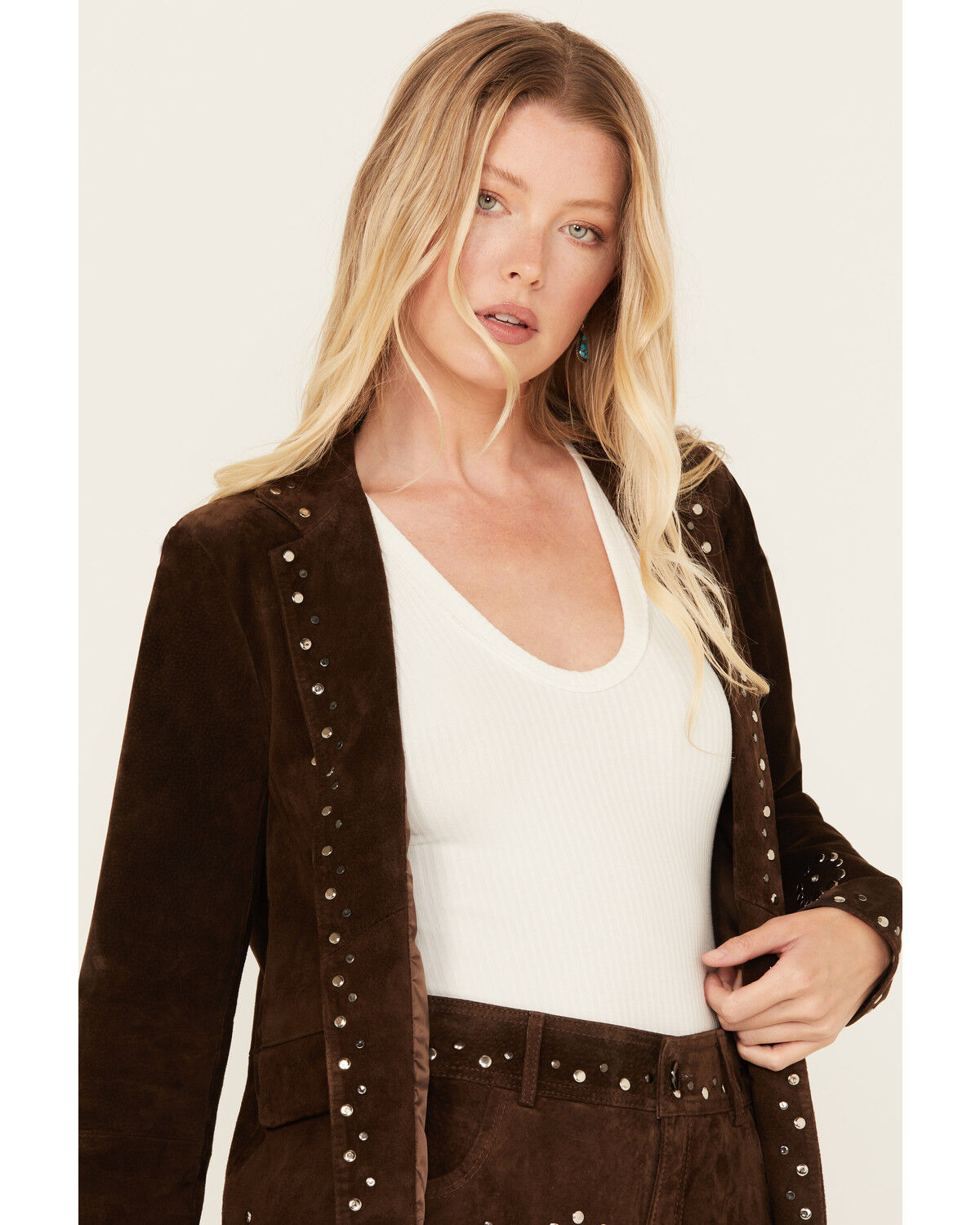 Image #2 - Driftwood Women's Suede Studded Blazer, Chocolate, hi-res