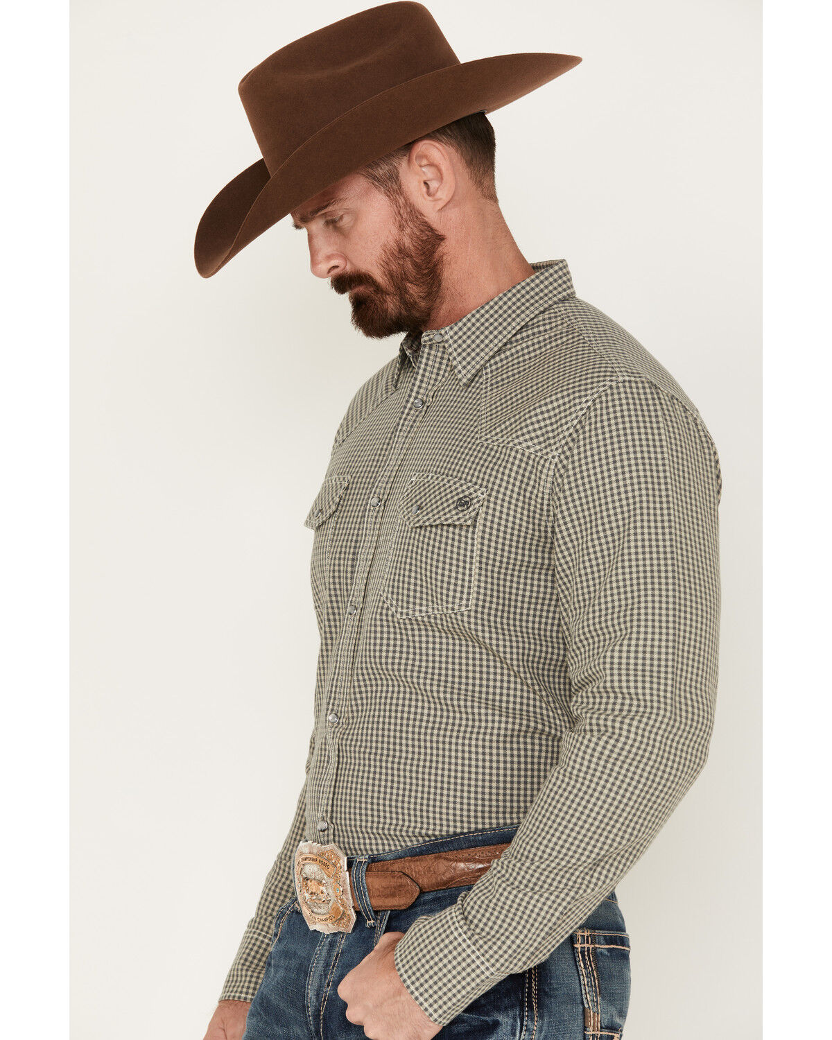 Image #2 - Blue Ranchwear Men's Gingham Check Snap Western Workshirt, Sand, hi-res