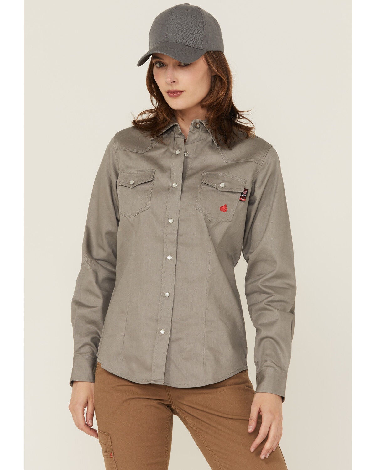 Image #1 - Forge Workwear Women's FR Solid Long Sleeve Snap Stretch Work Shirt, Grey, hi-res