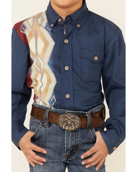 Roper Boys' Vintage Arrow Vertical Border Print Long Sleeve Button Down Western Shirt , Blue, hi-res
