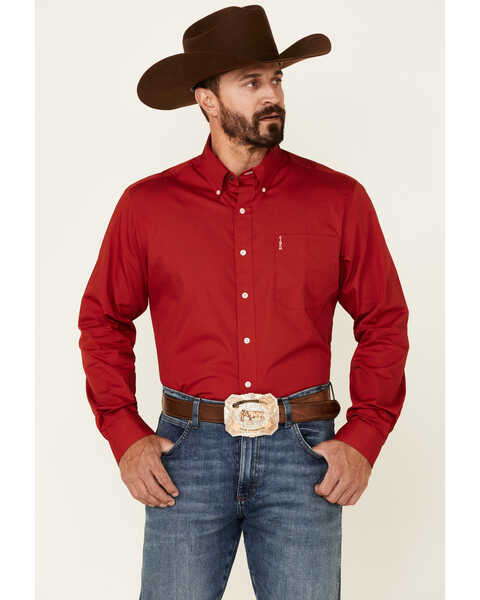 Cinch Men's Modern Fit Solid Red Long Sleeve Button-Down Western Shirt , Red, hi-res