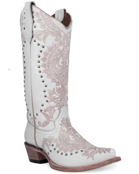 Corral Women's Embroidered and Studded Western Boots - Snip Toe, White, hi-res